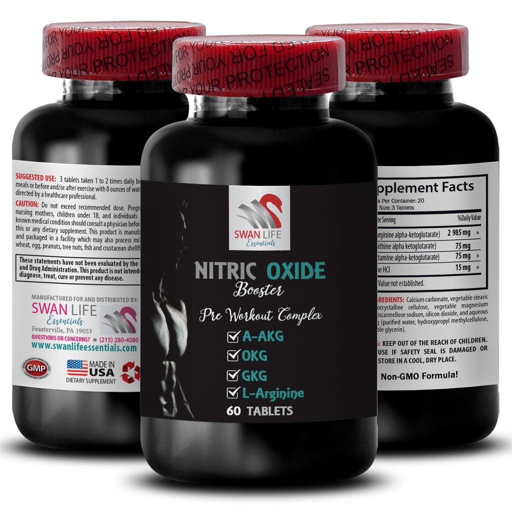 A-AKG, Nitric Oxide - Nitric Oxid Booster - Übungsergänzung, Power Boost, Stärke Enhancer, Endurance Mix, Stamina Erhöhen, Performance Booster, Recovery Formula, Muskelfokus 1 Flasche 60 Tabs