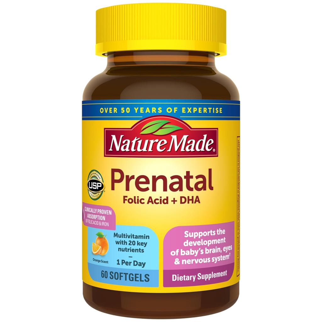 Nature faite prénatale avec acide folique + DHA, supplément de vitamine prénatale et minérale pour le soutien nutritionnel quotidien, 60 Softgels, 60 jours d'approvisionnement