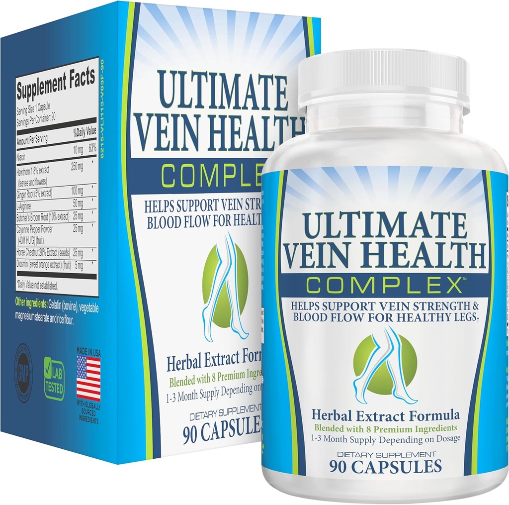 8-in-1 Vene & Leg Health Circulation Ergänzungen | Blut Zirkulation Booster Formel | Ultimate Vein & Leg Circulatory System Unterstützung Ergänzung | Nährstoffe für gesunde & starke Venen | 90 Kapseln