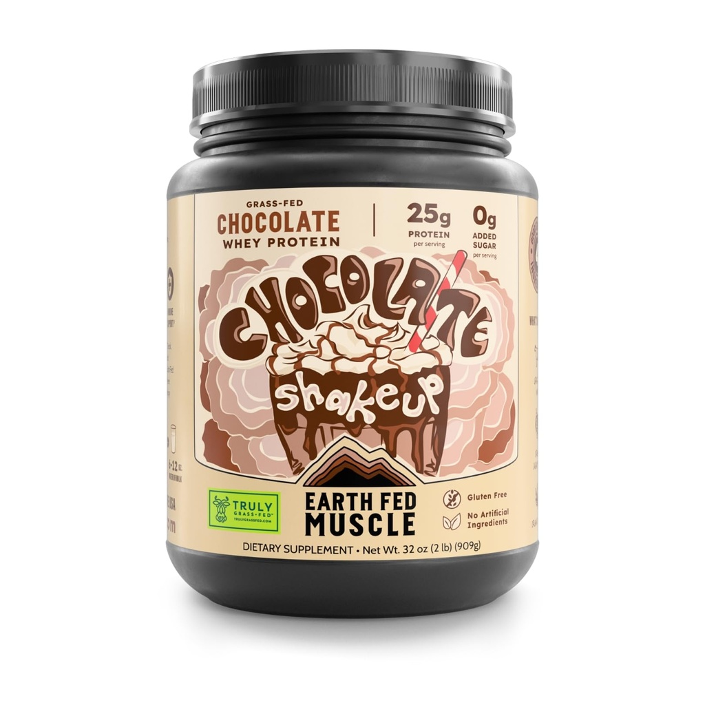 Earth Fed Muscle Chocolate Shakeup Truly Grass Fed Whey Protein Isolate NSF-zertifiziert. Keine künstlichen Inhaltsstoffe, Sojafrei, Glutenfrei, Non-GMO und Hormonfrei (2 Pfund, 29 Portionen, Schokolade)