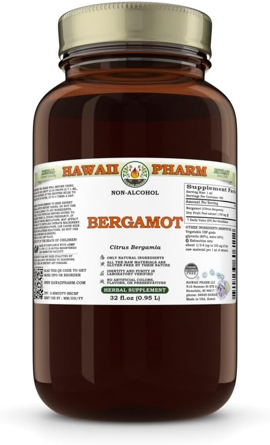 Bergamotte (Citrus Bergamia) Trockene Frucht Peel Glycerite, Made in Hawaii, All Natural, Vegan, Lab Tested Alkoholfreier Flüssigextrakt - 32 fl.oz
