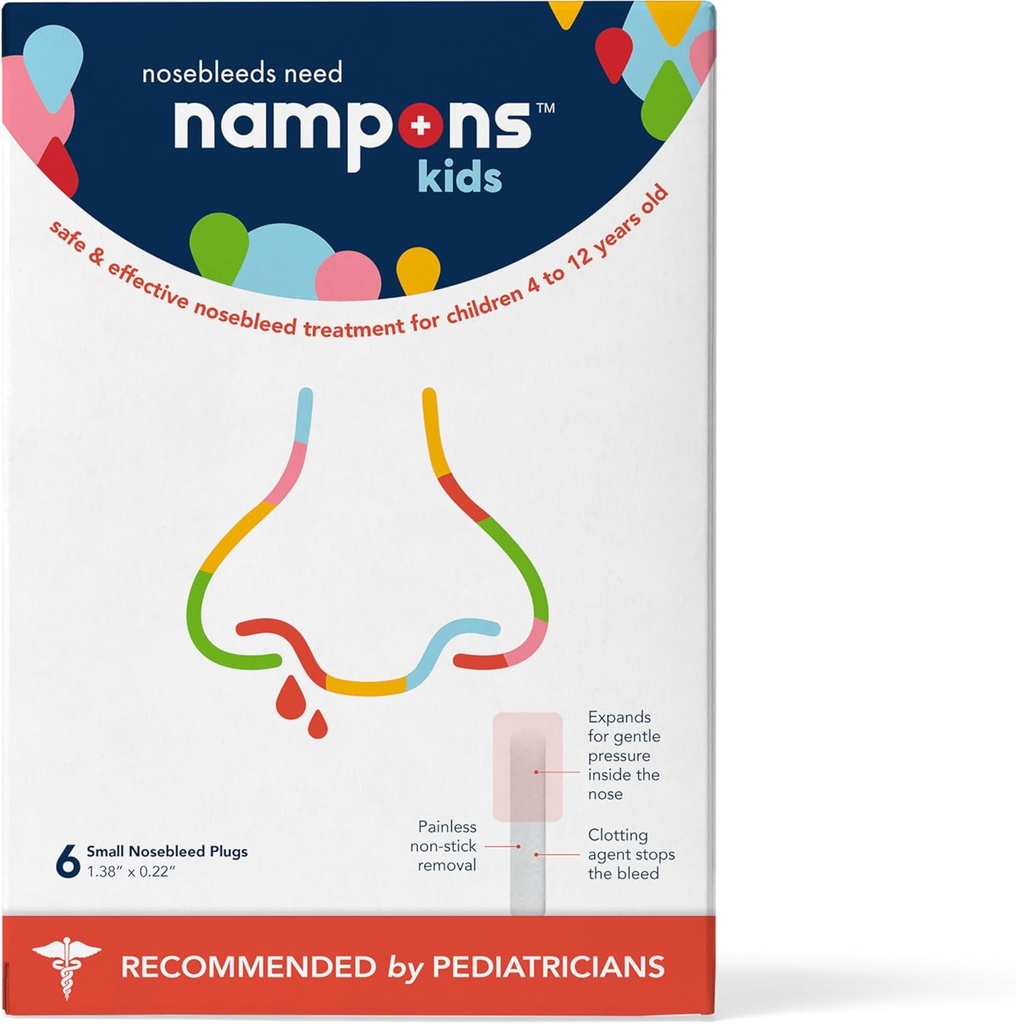 Nampons Kids Nosebleed Stoppers - 6 Easy to Use Nose Bleed Stopper Plugs Kit for Kids. Trusted by Pediatricians. Hypoallergenic Clotting Agent Stops Nosebleeds Fast On Contact. Safe and Pain-Free