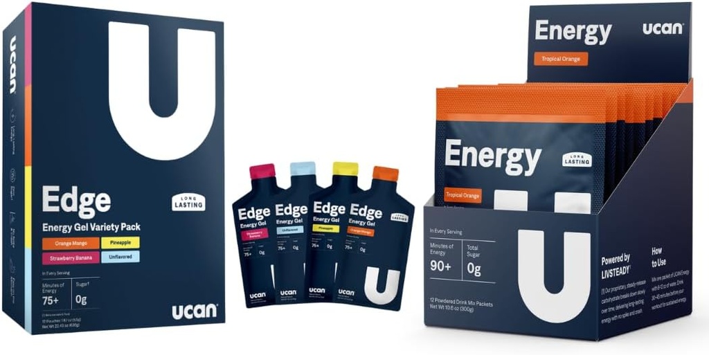 UCAN Training Starter Pack, Edge Energy Gel Variety Pack, Energy Powder Tropical Orange, Pre & Post Workout für Männer und Frauen | Vegan, Keto Friendly