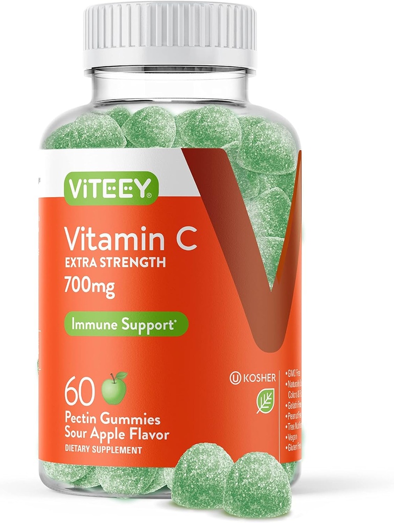 Viteey Chewable Vitamin C Gummi für Erwachsene - 700mg Extra Strength Immun Support Supplement - Vegan, Glutenfrei - 60 Count