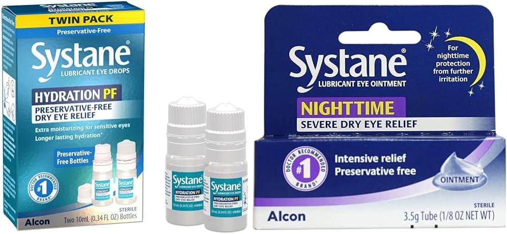 Systane Hydration Multi-Dose Konservierungsfreie Augentropfen Dry Eye Relief Twin Pack (2x10ml) & Nighttime Lubricant Augen Salbe 3.5g Tube