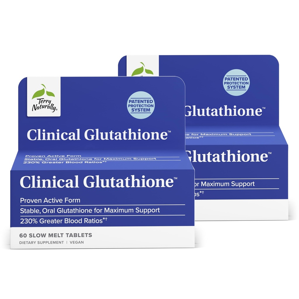 Terry Naturally Clinical Glutathione - Antioxidans für hohe Absorption - Nahrungsergänzung mit L-Glutathione - Vegan-Ergänzung zur Unterstützung von Zellgesundheit - 60 Slow Melt Tabletten (Pack von 2)