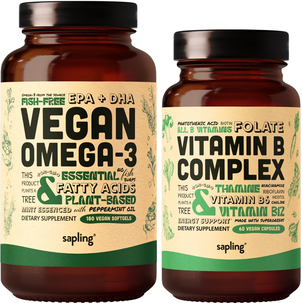 Vegan Omega 3 180 Softgels & Vegan Vitamin B Complex Bundle - Pflanzenbasierte DHA & EPA Fettsäuren, essentielle B Vitamine mit ganzer Nahrungsmischung, B1, B2, B3, B5, B6, B7, Folate