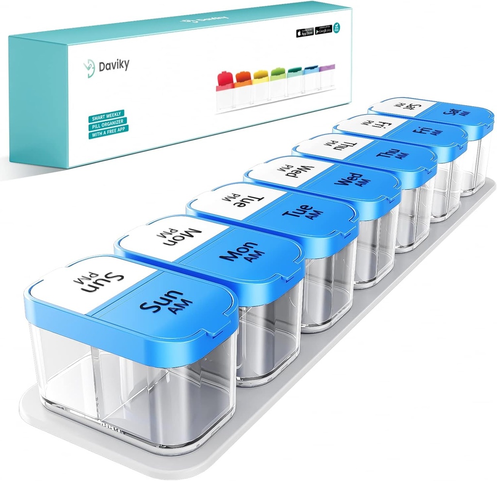 Daviky Large Pill Organizer 2 Mal am Tag - XL Pill Box 7 Tag, Big Vitamin Holder mit 7 abnehmbaren AM/PM-Komponenten, Big Supplement Container für Wöchentliche oder tägliche Nutzung (blau)