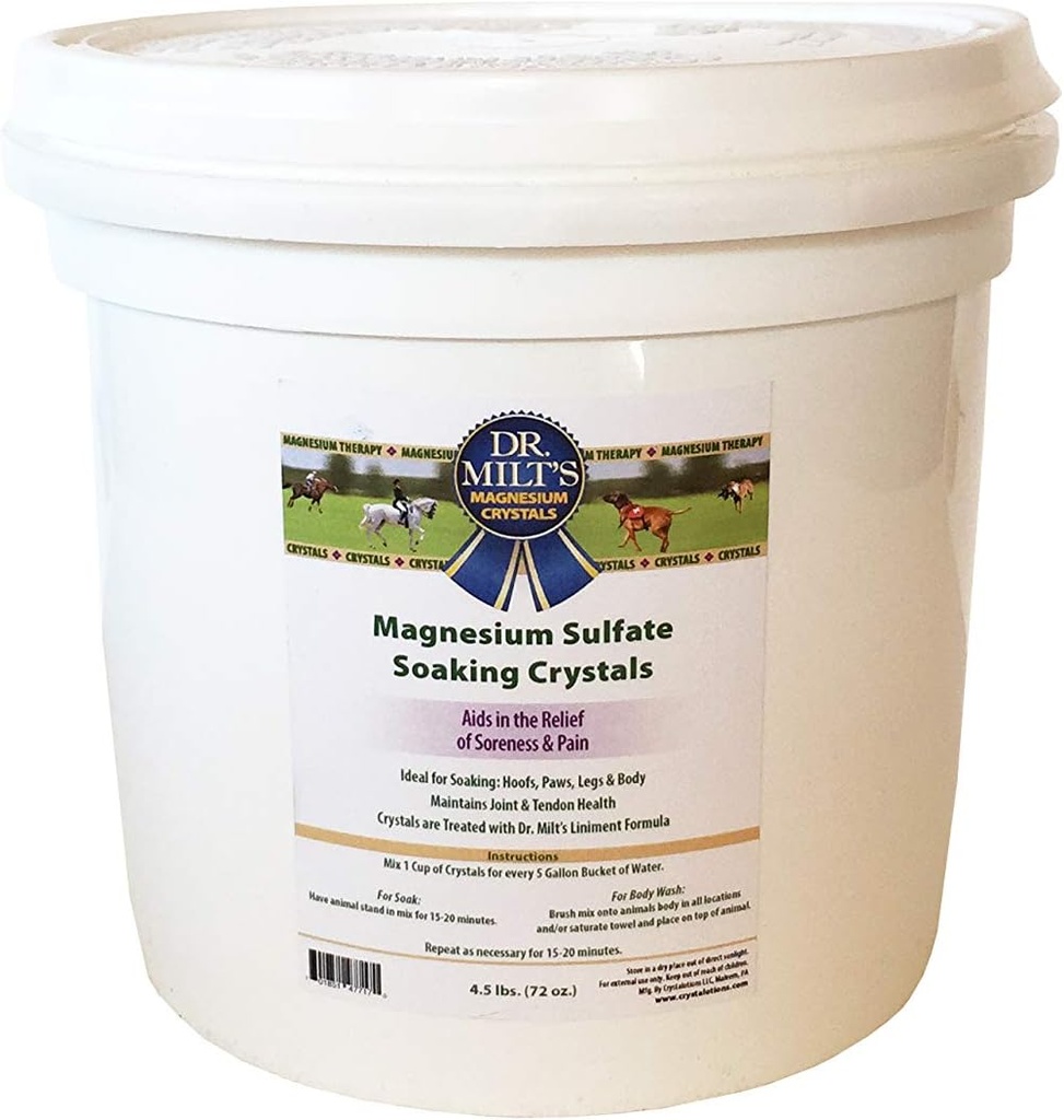 Dr. Milt's Horse Epsom Sel Magnésium Sulfate Cristaux infusés avec Arnica: sabot et trempe corporelle pour le soulagement et la récupération. Seau de 1 à 4,5 livres
