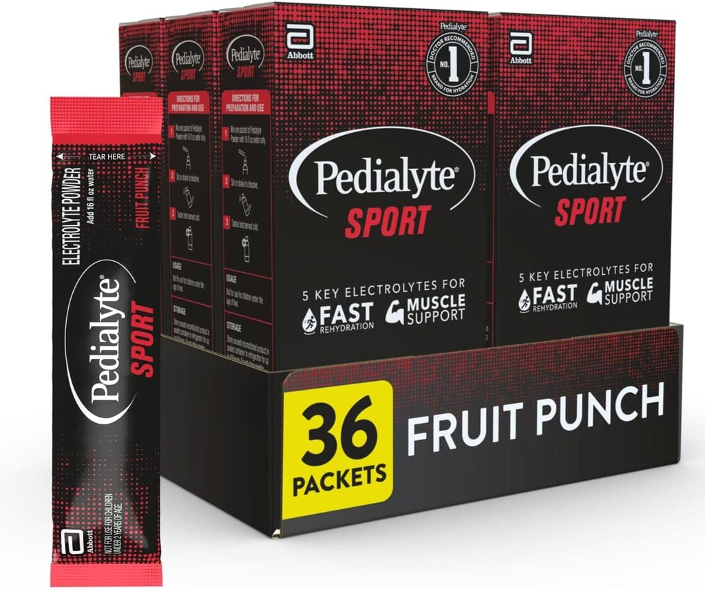Poudre d'électrolyte Pedialyte Sport, hydratation rapide avec 5 électrolytes clés pour le soutien musculaire avant, pendant et après l'exercice, punch de fruits, 0.49 Oz sachets 6 Compte (paquet de 6)
