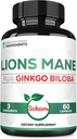 Lions Mane with Ginkgo Biloba Supplement - 60 Capsules - Extra Strength for Restful Mind, Brain Health, Immune System & Focus - Gluten-Free, Non-GMO