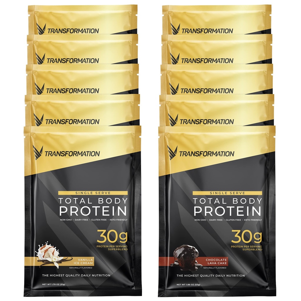 Transformation Protéines Super Blend , Peptides de collagène et Protéines végétales , 15 Million CFU Probiotiques , enzymes digestifs , huile MCT , faible carb Shake pour les hommes et les femmes , 10 Pack