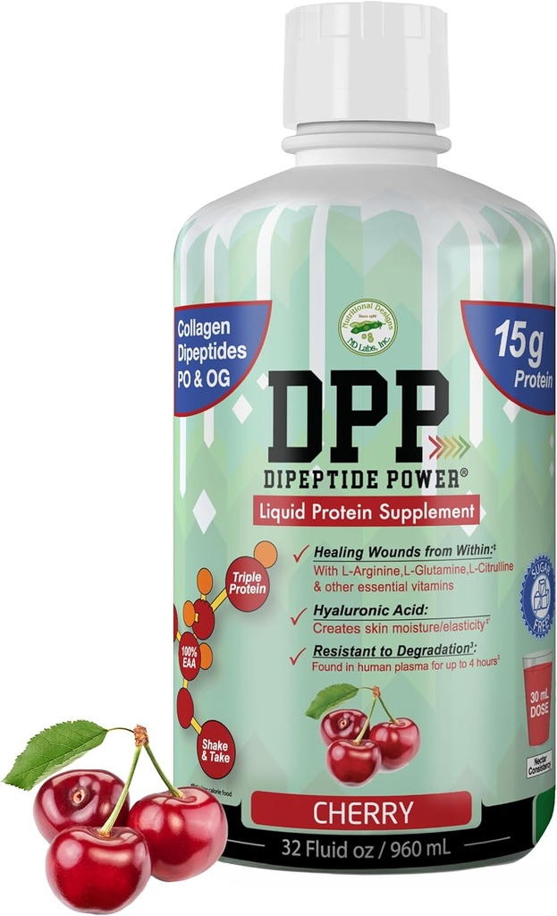 DPP Dipeptide Power, Wound-Healing, 30X Mehr Collagen Dipeptide Than Powder, Liquid Protein Supplement, Sugar-Free, Unterstützt gesunde Gewebereparatur, Fuß Ulcers, kosmetische Chirurgie (Cherry, 32 Fl Oz)