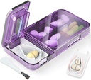 Splitter pour petites ou petites pilules. 2-en-1 Pill Box & Pill Splitter - Grande Capacité 4 Compartiments Pill Organizer - Détachement antidérapant amovible en V-Shaped Pad. Envelopper-Around Blade Guard (Purple)