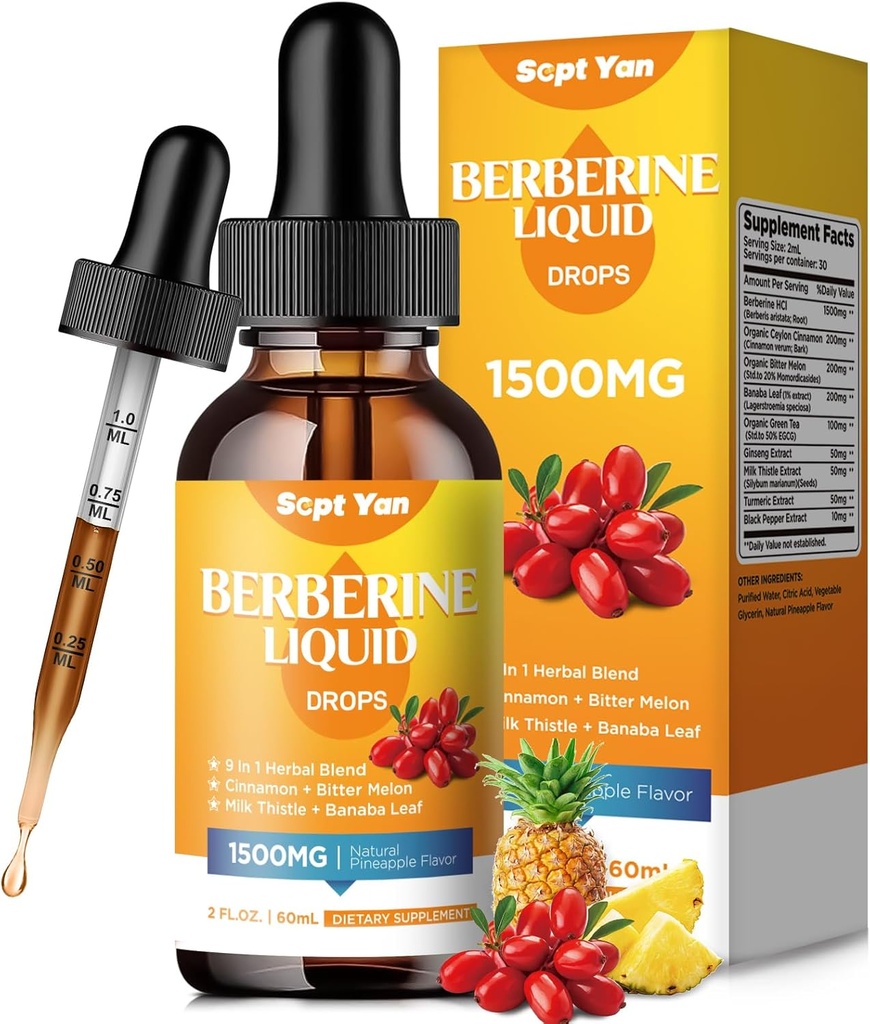 Berberine Supplement Liquid Drops- Berberine 1500mg mit Ceylon Cinnamon, Bitter Melon, Banaba Blatt, Kurkuma für Immune, Verdauungssystem, Herzunterstützung, natürliche Ananas Flavor, 2 Fl Oz