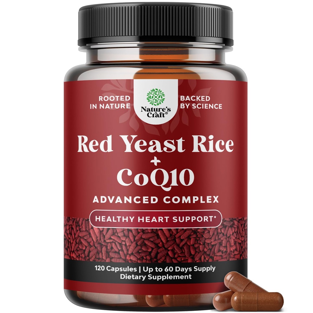 Riz de levure rouge avec supplément CoQ10 - Formule avancée pour le coeur sain et les niveaux de cholestérol sain pour les hommes et les femmes - Capsule de force supplémentaire avec riz de levure rouge 1200 mg Capsules avec nombre CoQ10-120