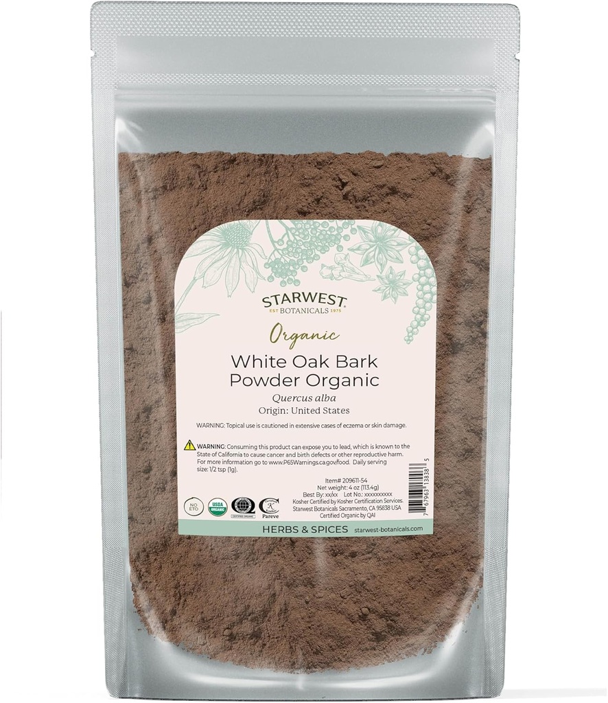 Starwest Botanicals White Oak Bark Powder Organic - Getrocknete Kräuter für Tee & Natürliche Kräutermischungen, Pure Quercus Alba, Certified Kosher, Non-GMO - 4 oz Pouch