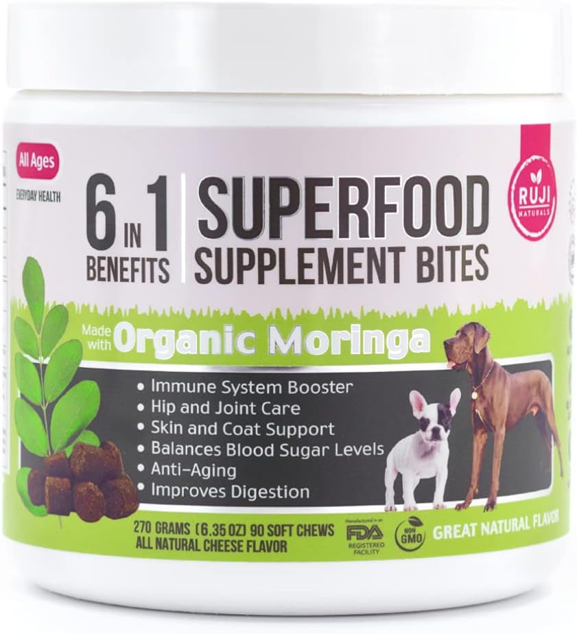 6 in 1 Superfood Dog Supplement mit Bio Moringa | Treats für Immunsystem und Gesamtgesundheit | Haustiere Alle natürlichen Multivitamine - 90 Chews