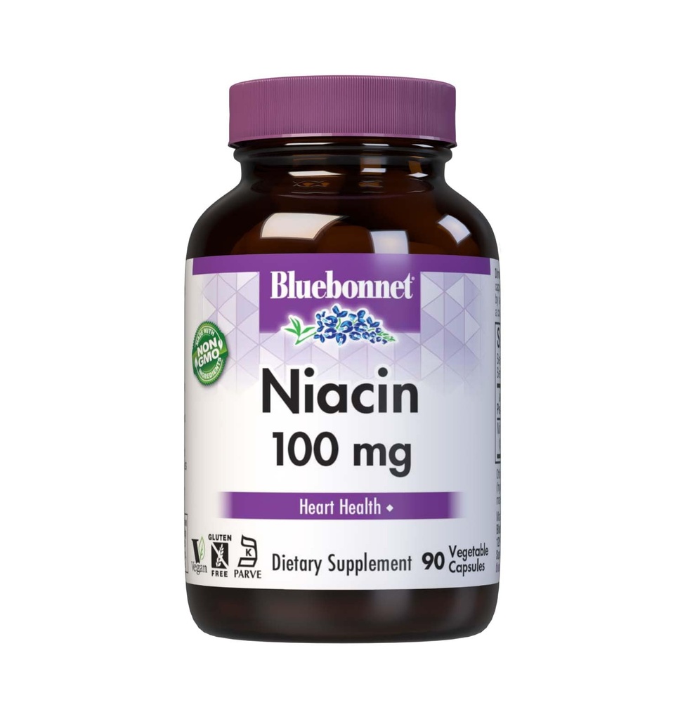 Bluebonnet Niacin 100mg Vitamine B3 Acide nicotinique - Soutien de santé cardiaque pour les femmes et les hommes* - Non-OGM, végétalien, casher, sans gluten, sans soja, sans lait - 90 capsules végétales