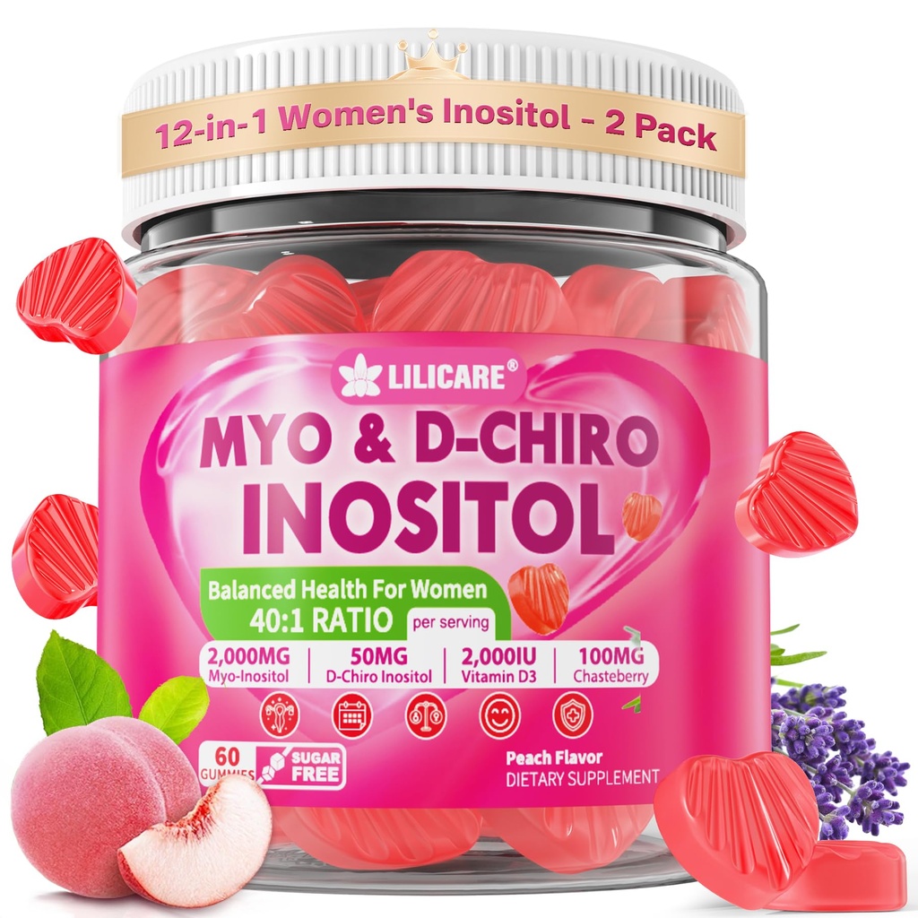 Inositol Gummie für Damen + Chasteberry, Myo-Inositol & D-Chiro Inositol 2000mg + 50mg Ideal 40:1 Ratio mit methyliertem B12 & Folate, Choline, Magnesium, Vitamin D3 für Gesamtgesundheit, Paket von 2