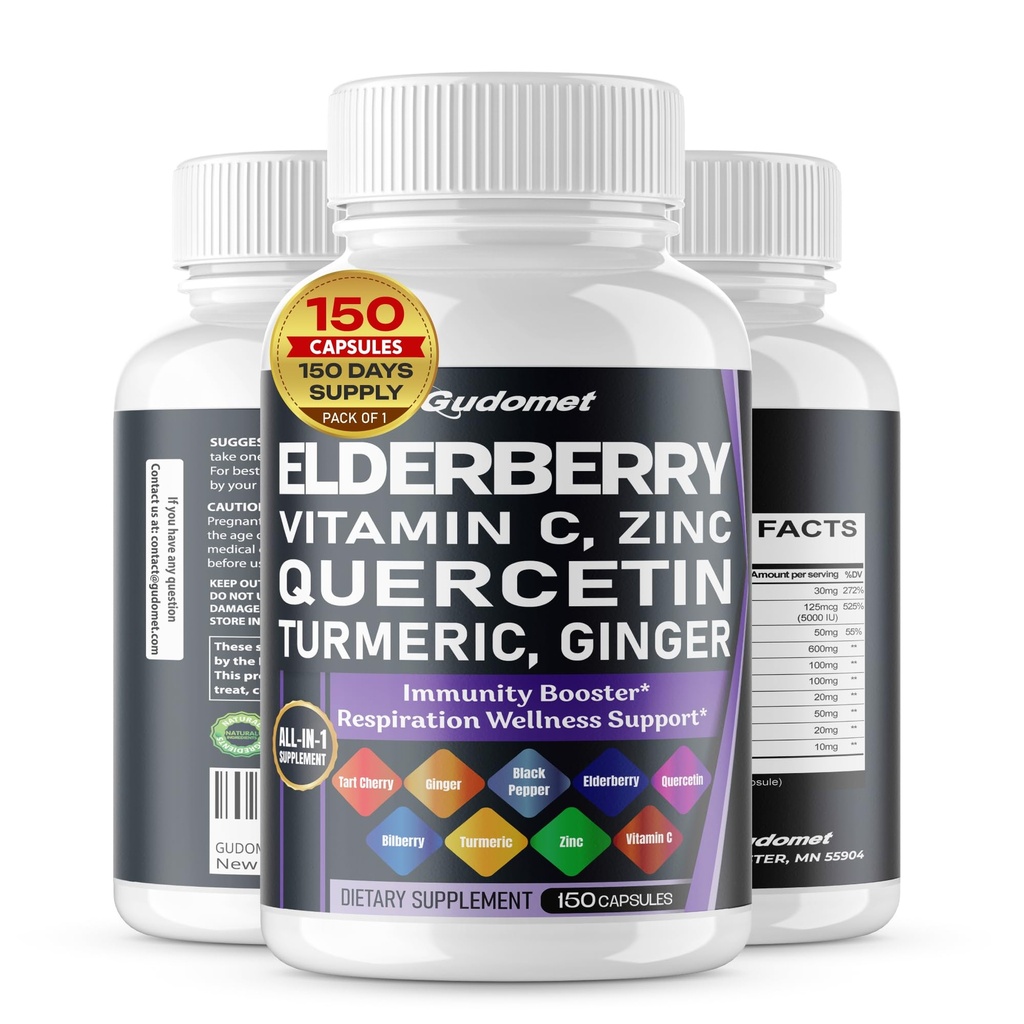 Elderberry Quercetin Bilberry Turmeric Tart Cherry Ginger Vitamin C Vitamin D3 Zinc Black Pepper -150 Capsules