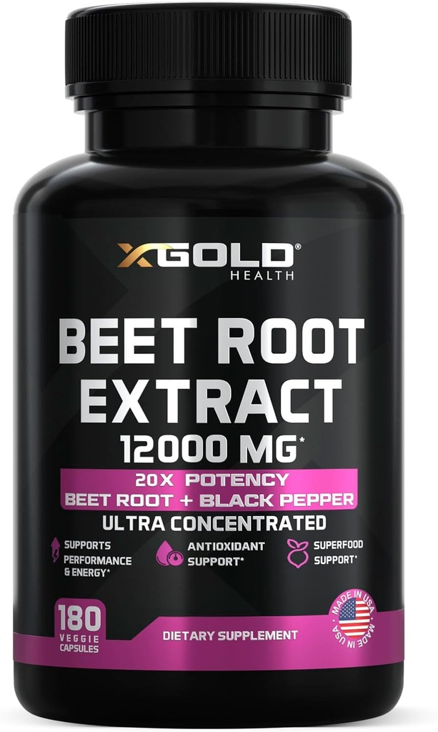 Rüben-Root-Extrakt - 12000mg 20x Konzentrierte Rüben-Root-Kapseln Ergänzung w/Black Pepper - Hohe Nitrate - Natürliche Nitric Oxid Booster - Hochkonzentriert & Bioverfügbar - Made in USA -180 Caps