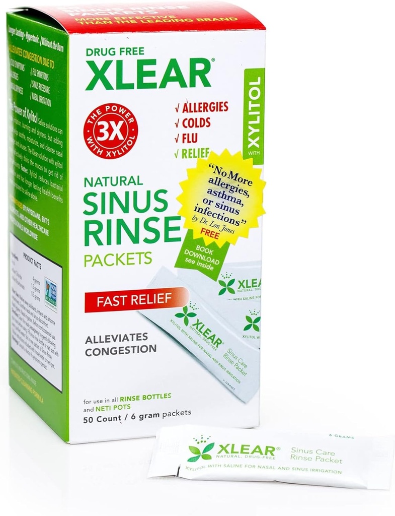 Xlear Natural Xylitol Sinus Rinse Recharge, Neti Pot Saline Packets - Nettoyeur de nez pour le soulagement rapide de la pression et de la congestion, fonctionne avec la plupart des systèmes d'irrigation nasale, 50 Compte (paquet de 1)