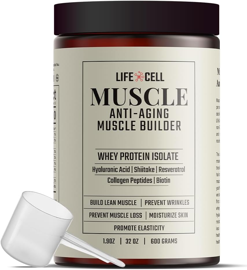 LifeCell Whey Protein – Anti-Aging Muscle Builder with Shiitake Mushroom, Collagen & Hyaluronic Acid – Unflavored, No Sugar Added, Soy-Free, Gluten-Free, 600g (18 Servings)