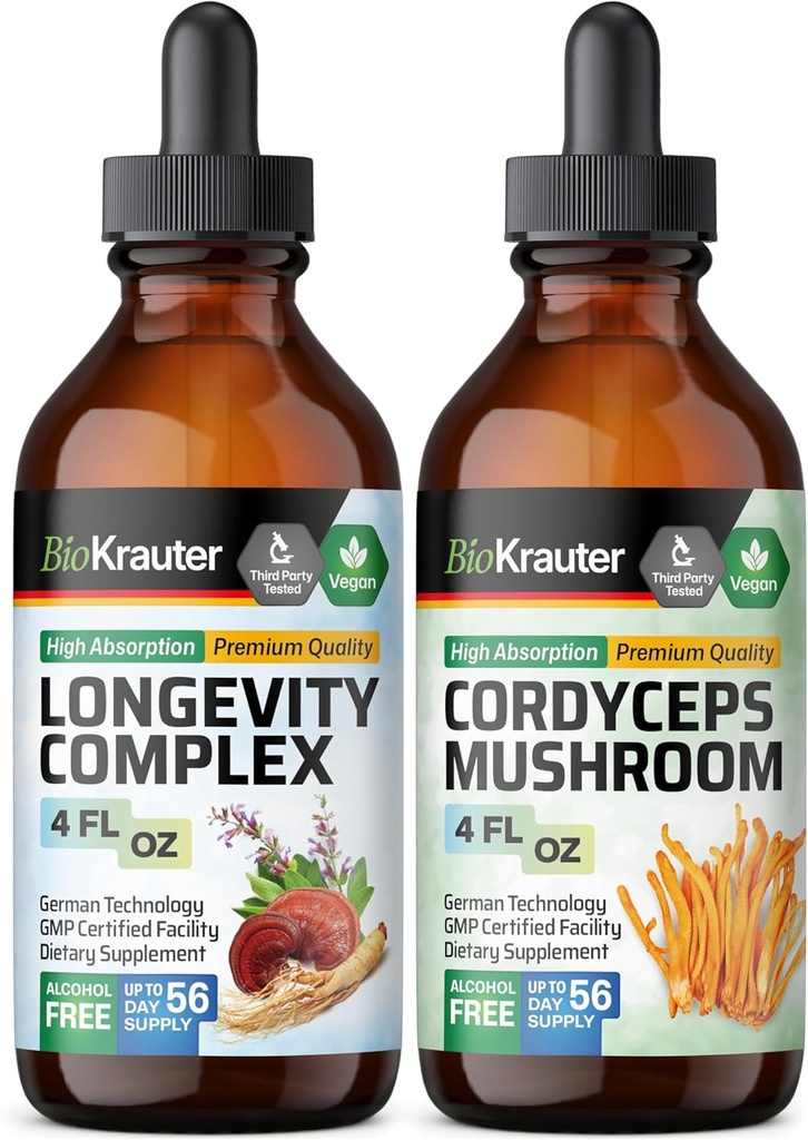 BIO KRAUTER Longévité Teinture de Champignon 4 Fl. Oz. & Cordyceps Teinture de Champignon 4 Fl. Oz.