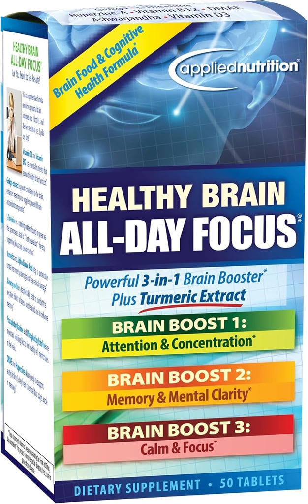 Angewandte Ernährung Gesund Brain All-Day Fokus - 50 Tabletten - Leistungsstarke 3-in-1 Brain Booster mit Kurkumaextrakt - 25 Servierungen