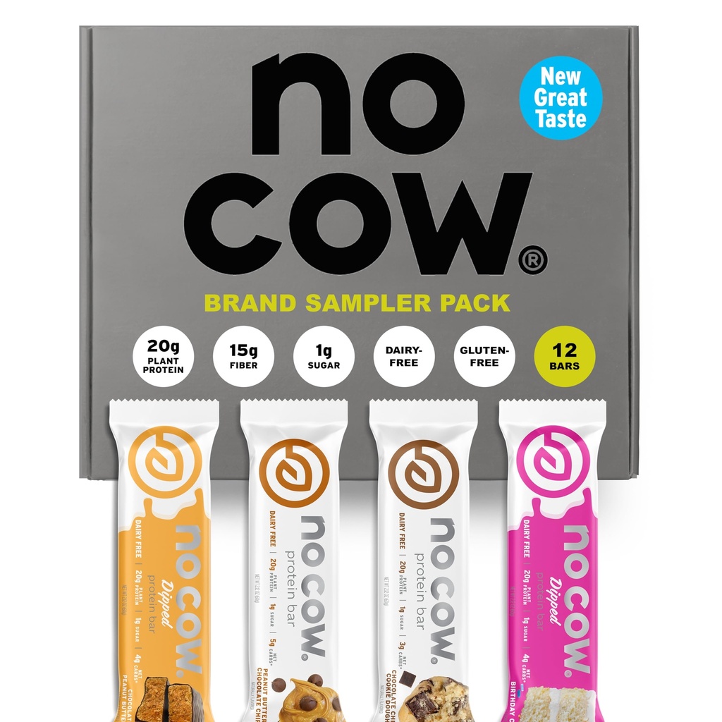 Keine Cow Vegan Protein Bars, Upgraded Brand Sampler Pack | 20g Pflanzenbasiertes Protein, Glutenfrei, Dairy Free, Soy Free, Keto Friendly, Low Sugar, High Fiber Snack Bars | Pack von 12