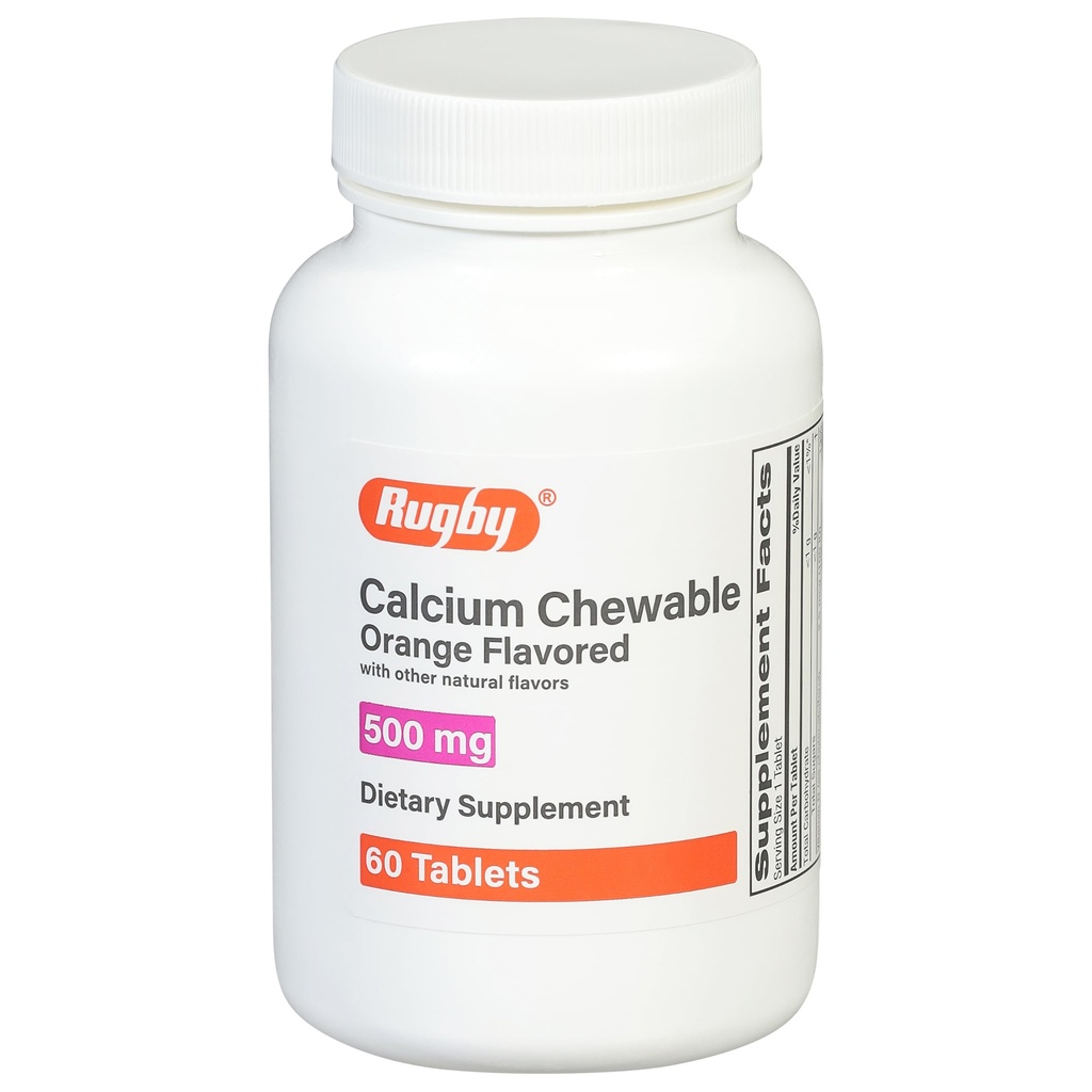 Rugby 500mg Calcium Chewable Tablets - Nahrungsergänzung - Orange Flavored - 60 Count (1 Pack)