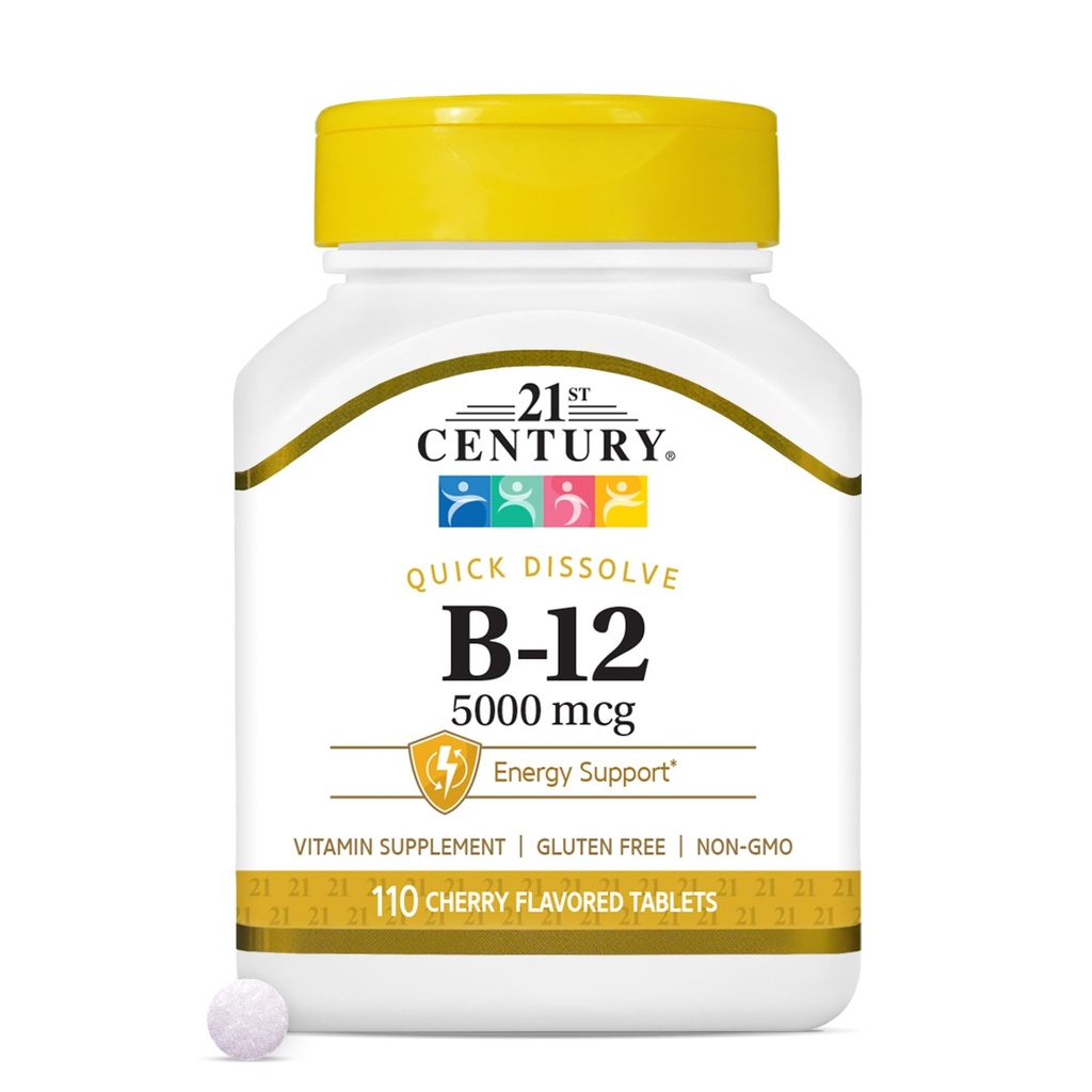 21e siècle B-12 5000 mcg, 110 Comprimés sublinguals aromatisés aux cerises, 110 comtes