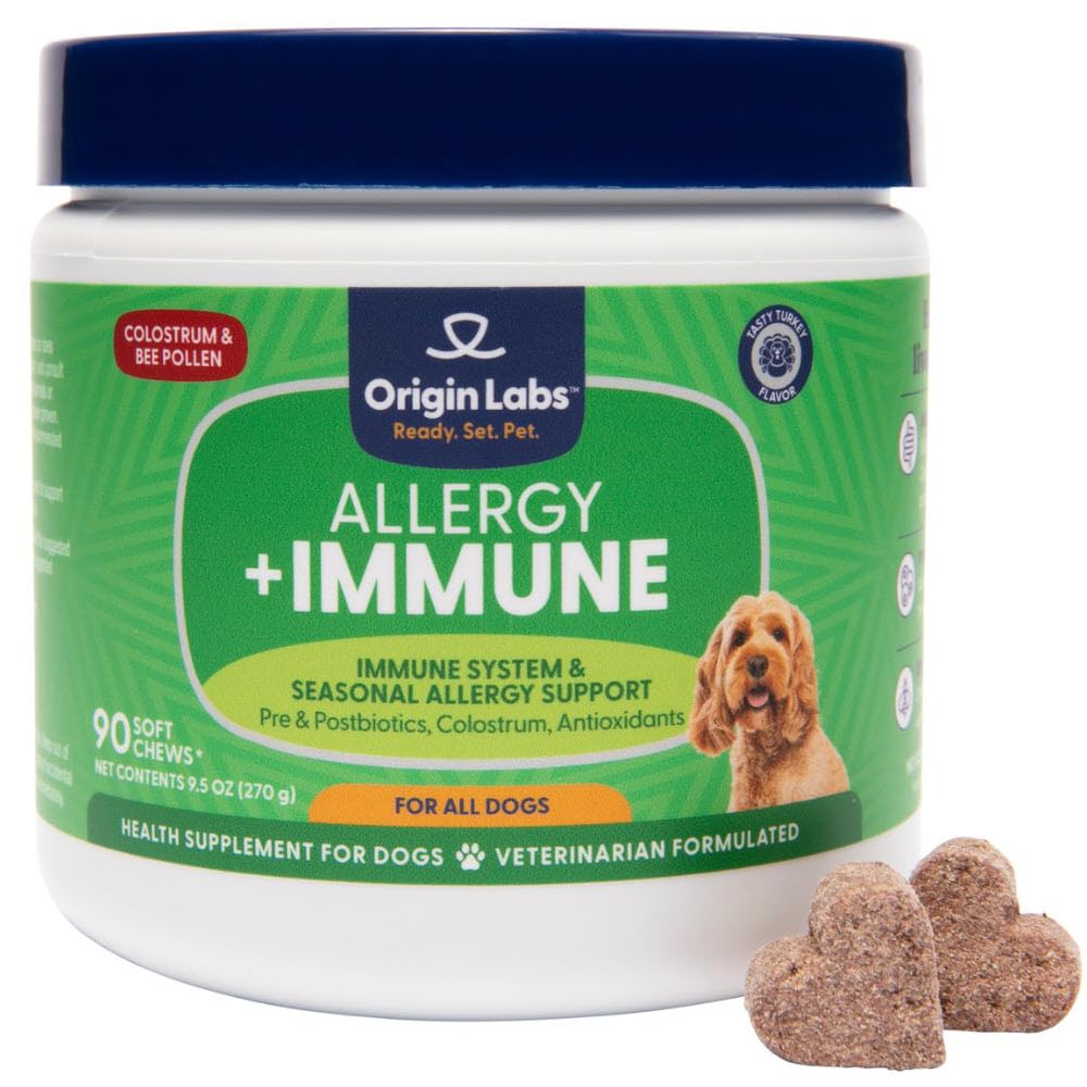 Origin Labs Allergy and Immune Support Supplement, Omega 3 Fischöl, Bienen Pollen, Kolostrum, Probiotika, Präbiotika für Gut Gesundheit, Haut und Mantel Gesundheit, Antioxidantien, Türkei Geschmack, 90 Weichkäse