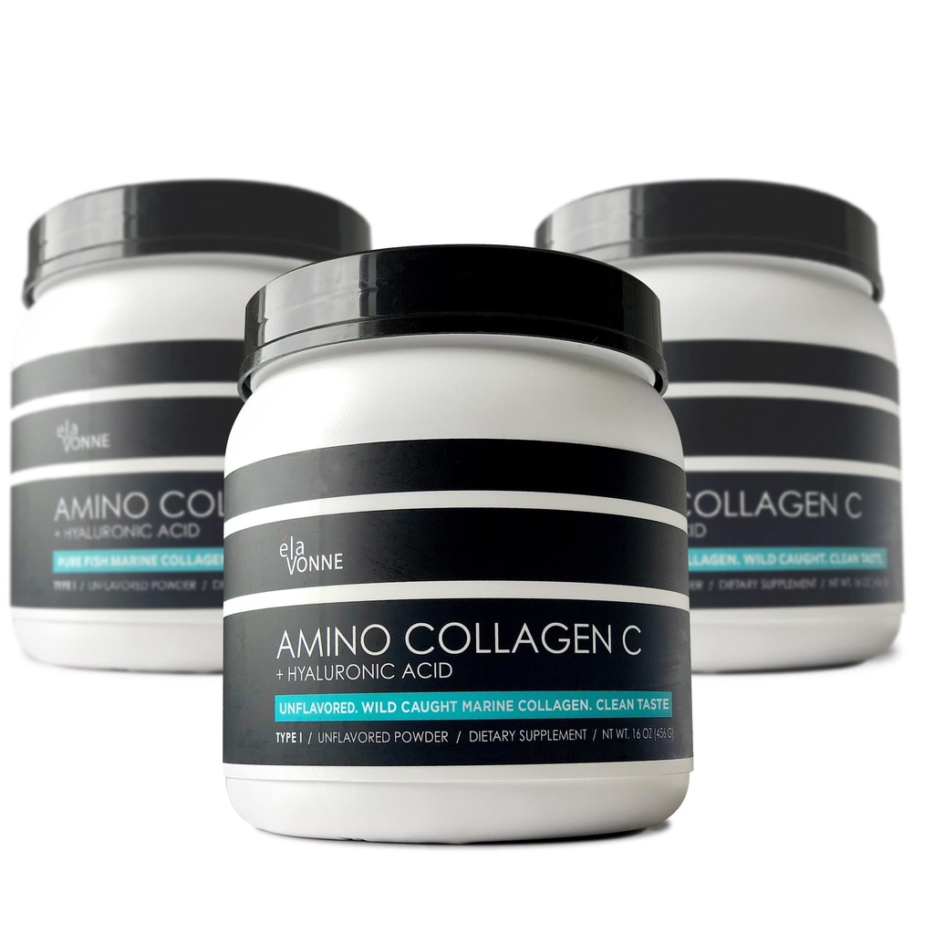 C - Poudre de collagène (180 scoops) - Peptides de collagène marin + acide hyaluronique. Pas de sucre. Pas d'odeur. Non OGM. États-Unis. pour les cheveux, la peau, les ongles, les articulations, et la santé Gut.