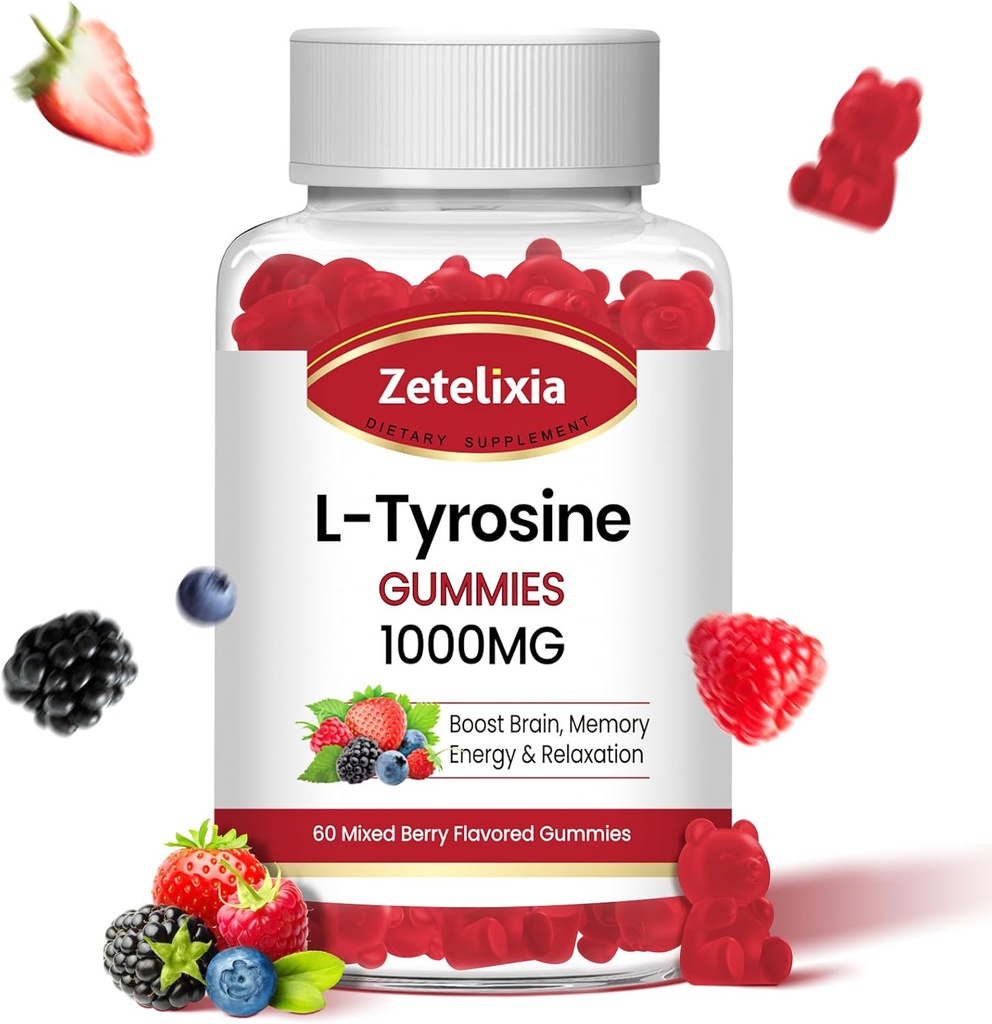 L Tyrosine Gummies 1000mg,L-Theanine Supplement Gummy 200mg,Sugar Free L-Tyrosine mit Vitamin B6 Energy Supplements für Erwachsene & Kinder - Vegan(60 Count)
