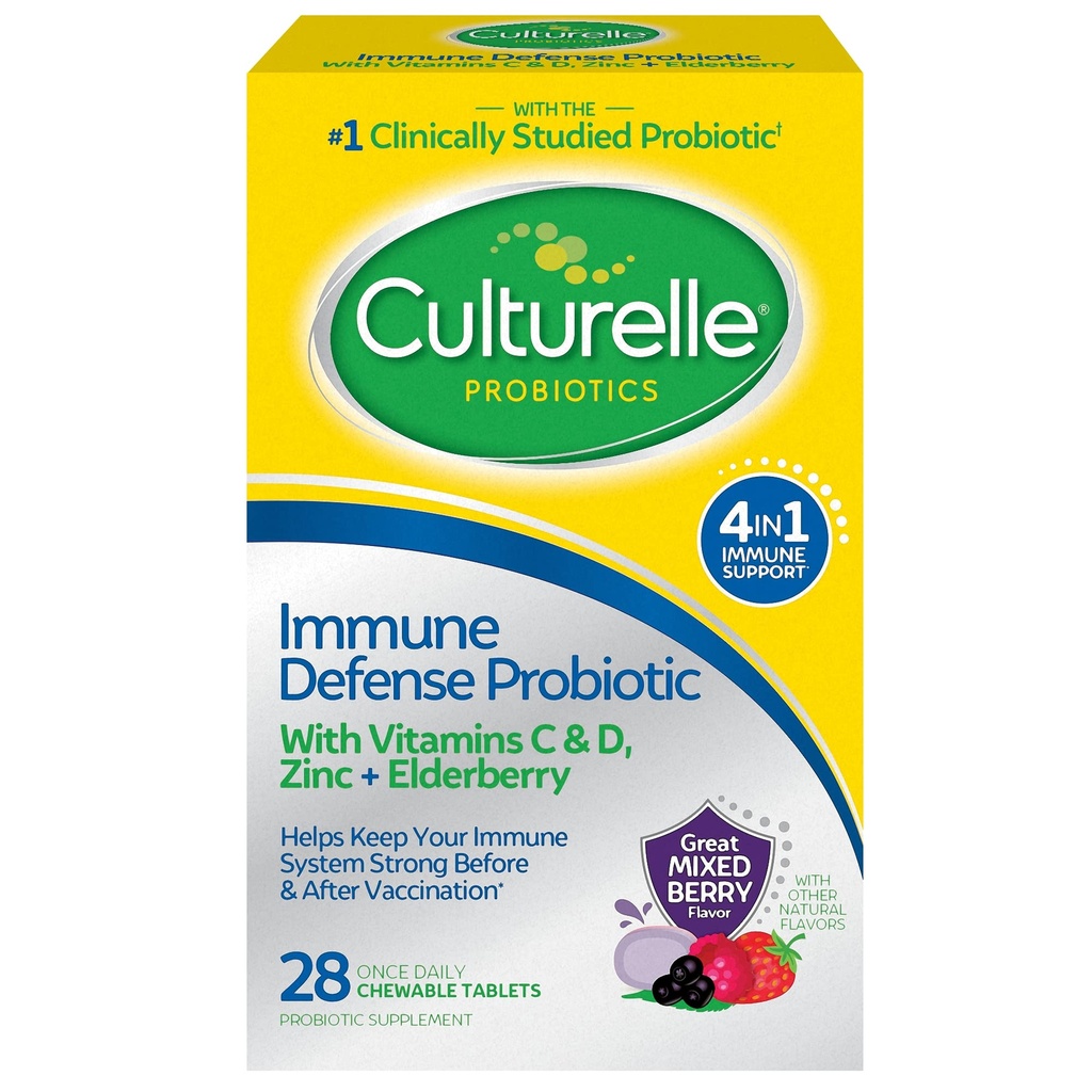 Culturelle Immune Defense Daily Probiotic for Women & Men - 28 Count, Mixed Berry Chewables mit 4-in-1 Immune Support. Probiotische Vitamin C, Vitamin D und Zink Plus Elderberry
