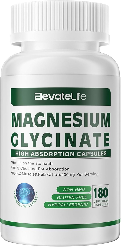 Magnesium Glycinate 400 MG pro Servierung 100% Chelat für hohe Absorption, Sanfte auf Stomach, Non-GMO, 180 vegetarische Kapseln