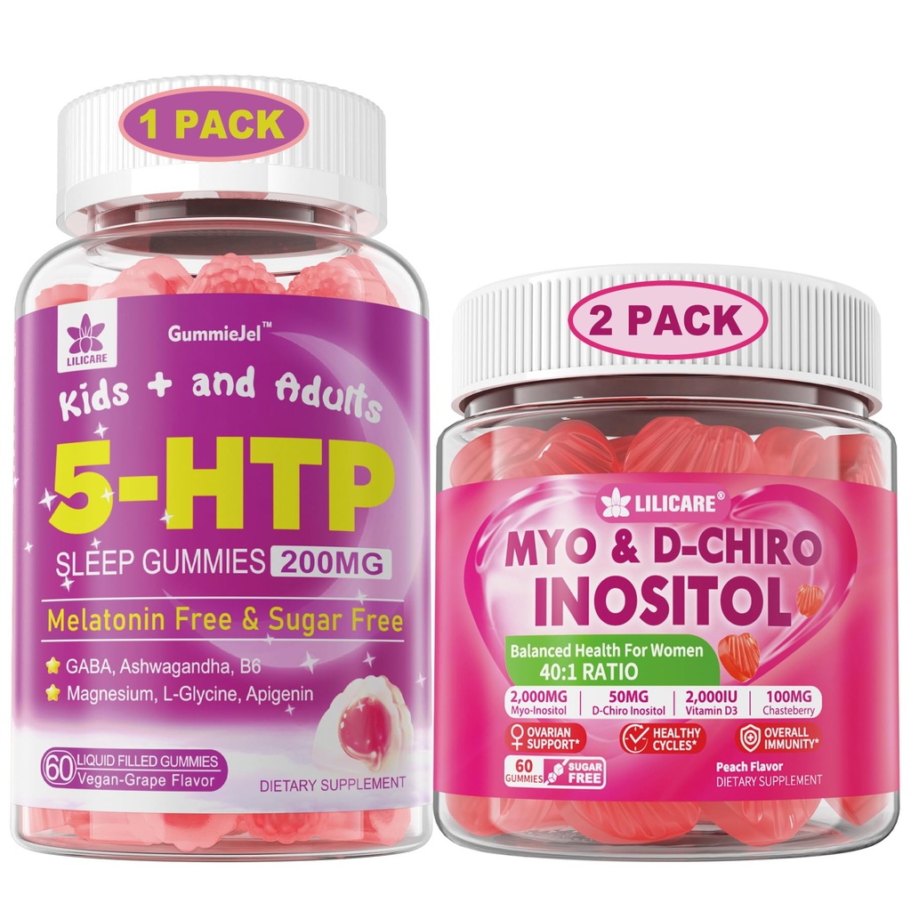LILICARE Bundle: 5HTP Gommies avec Magnésium Glycinate - Mélatonine Gommies de sommeil sans adultes et enfants 8+ et Inositol Gommies Idéal 40:1 Rapport Myo & D-Chiro Supplément Inositol