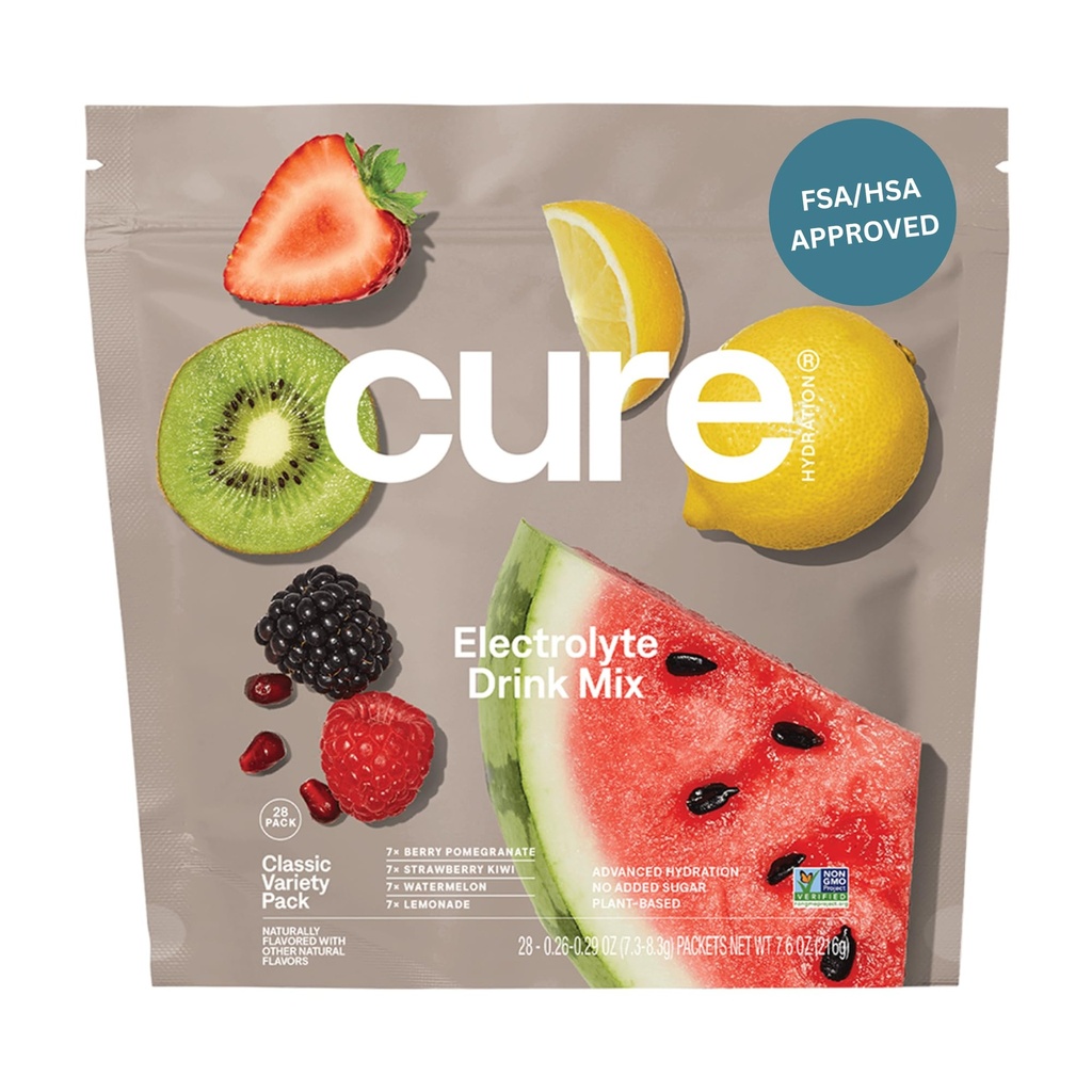 Cure Hydration | Pflanzenbasierte Elektrolyt-Getränk-Mix | Kein hinzugefügter Zucker | FSA-HSA | Entwässerungs-Relief-Pulver mit Kokoswasser | Non-GMO | Vegan | 28 Packungen - Vielfalt Pack