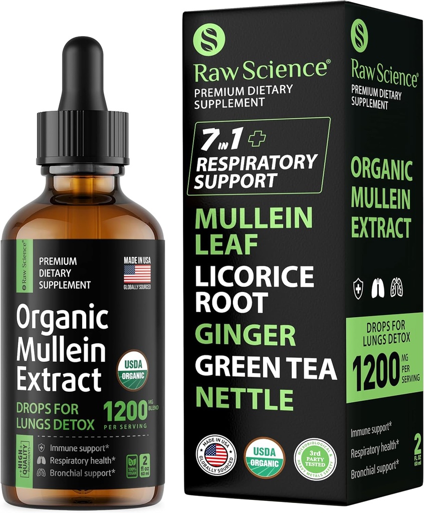 Bio Mullein Tropfen für Lunge - Atemunterstützung & Mucus Relief - Lung Detox für Raucher: Mullein Blatt Extrakt, Licorice, Ginger, Oregano & Nettle Leaf, Thyme - Lung Cleanse Kräuterextrakt, 2oz