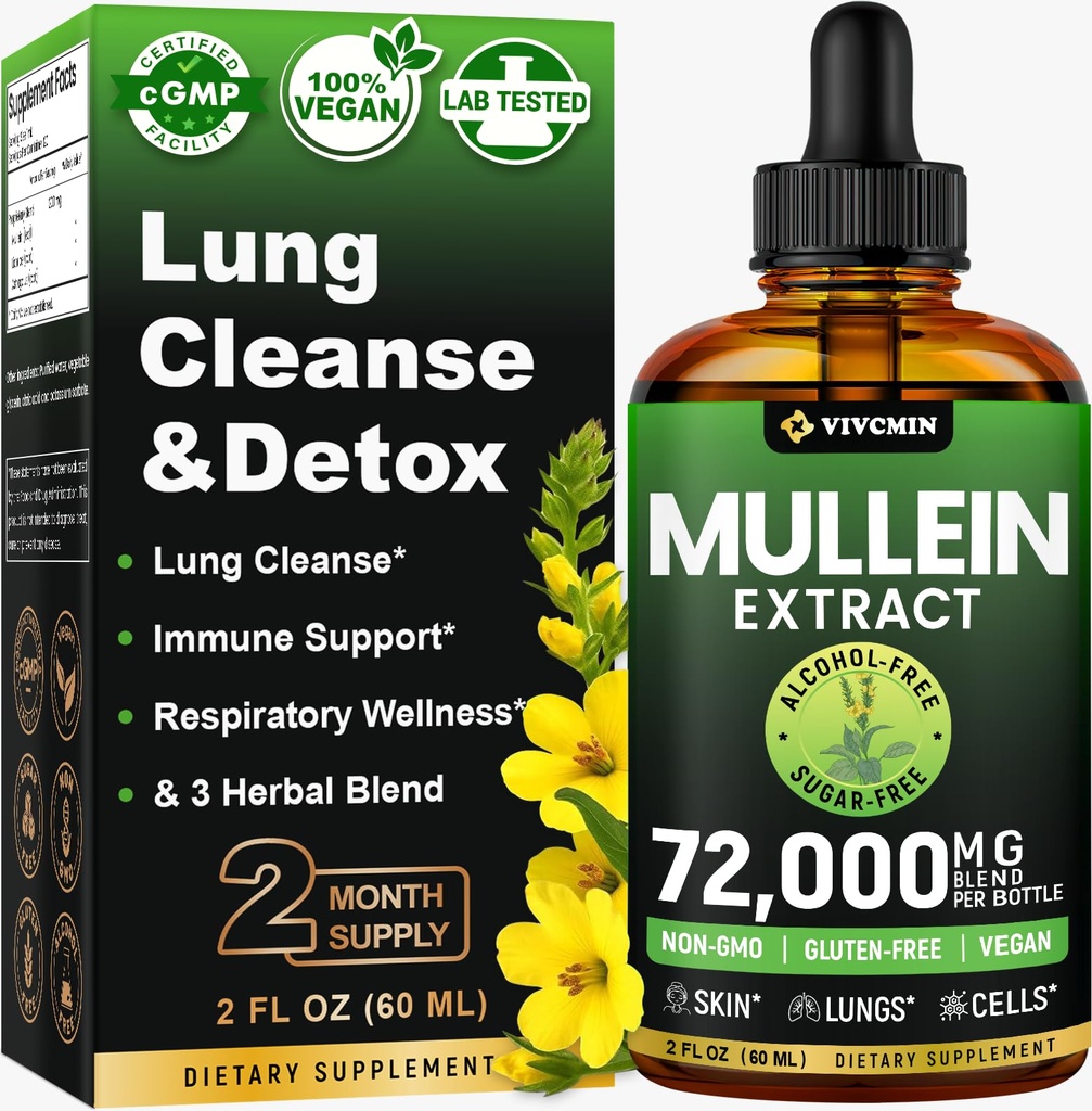 Mullein Tropfen für Lunge, 3-in-1 Mullein Blatt Extrakt für Lunge Gesundheit, Kräuterrespirator Lung Health Support Supplement, Unterstützung Immun- & Verdauungs-Wellness, Zucker & Alkoholfrei - 2 FL OZ