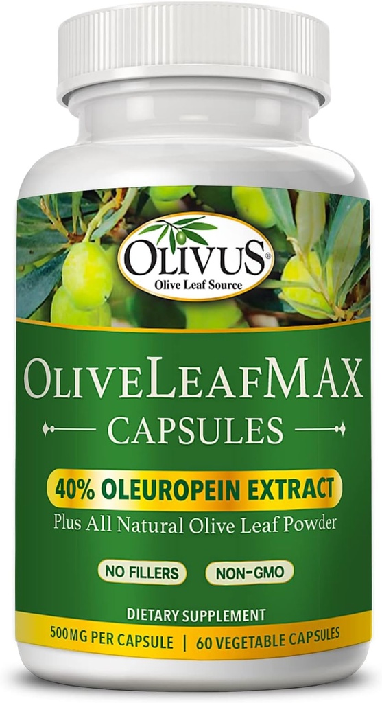 OliveLeafMAX Olivenblatt Extrakt (40% Oleuroepin) + Bio Olivenöl Blatt Pulver + Keine Füllstoffe + 60 Vegetarische Kapseln + aus Spanien und in den USA hergestellt in GMP Facility