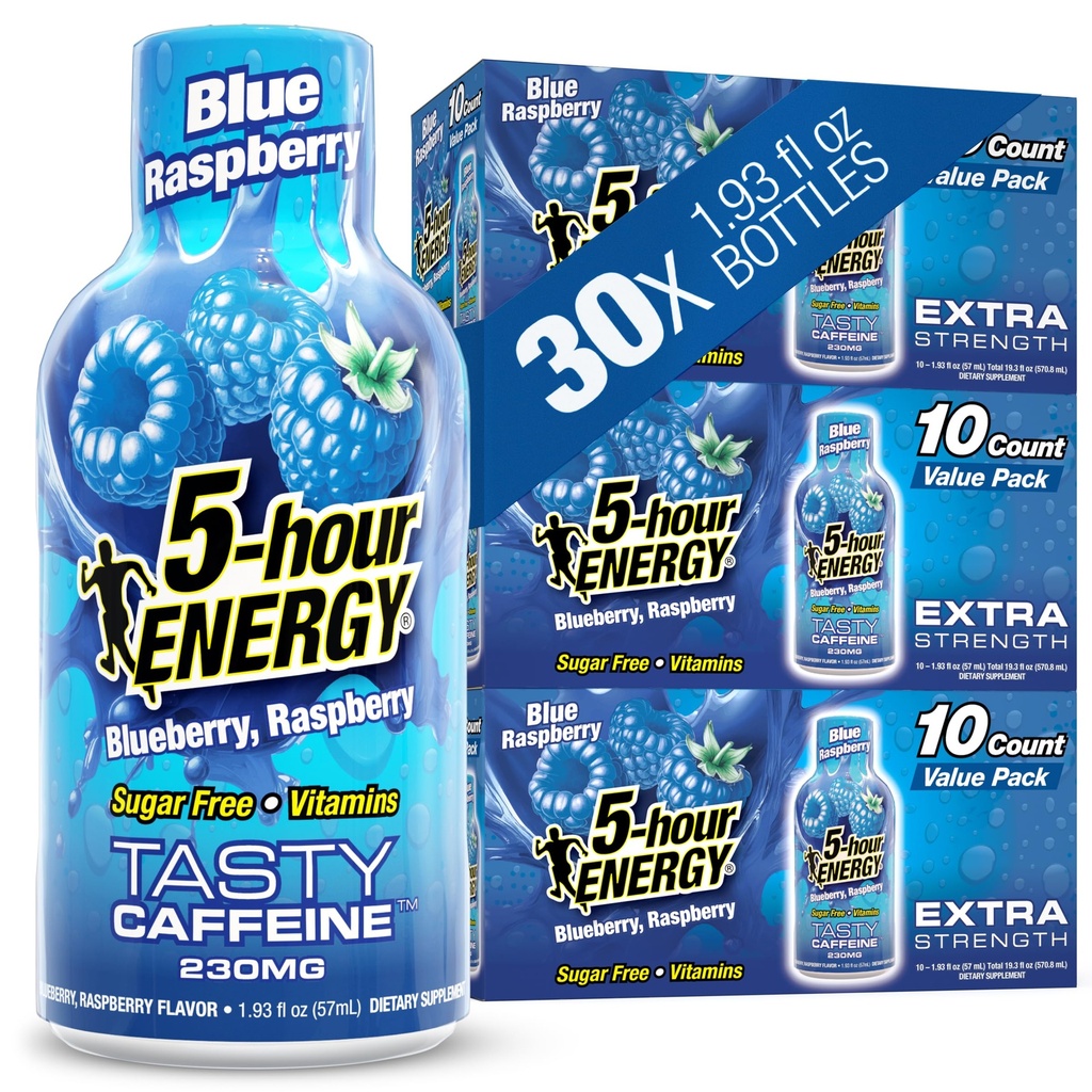 5-stündige ENERGIE schosst Extrastärke, Blau Himbeer Geschmack, 30 Count, 1.93 Fl Oz, Zuckerfrei, Zero Calories, Aminosäuren und essentielle B Vitamine, Nahrungsergänzung, Gefühl Alert und Energized, 230 mg Koffein