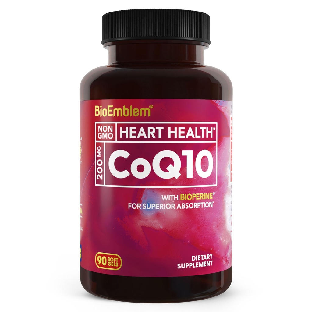 BioEmblem CoQ10 avec BioPerine - 200mg Softgels, haute absorption - Coenzyme Q10 Antioxydant pour la production d'énergie, santé cardiaque - Forme naturelle, Supplément CoQ10 non-OGM - 90 Compte