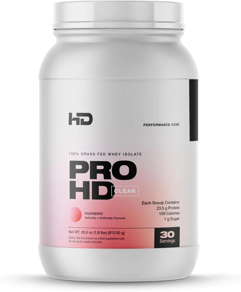 HD MUSCLE ProHD Clear Whey Protein Pulver | 100% Gras Fed Whey Isolieren | 23.5g Protein | Niedriger Zucker, Glutenfrei, Einfach zu Digest | 30 Servierungen (Raspberry)