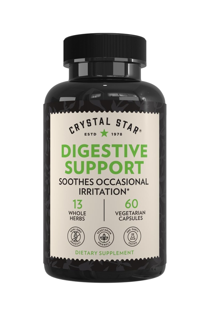 Crystal Star Digestive Support Supplement (60 Kapseln) - Herbal Gut Health Supplement, das mit okzialen Gas & Bloating hilft - Peppermint, Aloe Vera, Slippery Elm & Ginger – Non-GMO