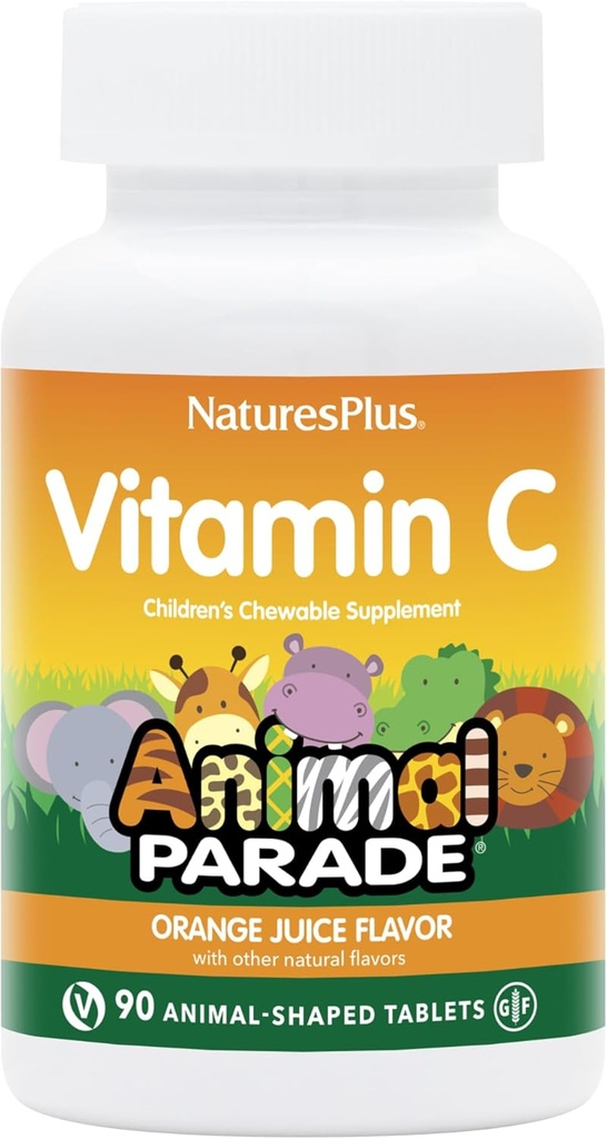 NaturesPlus Parade animale Vitamine C Chewable pour enfants - Saveur naturelle de jus d'orange - 90 comprimés en forme d'animal, boîte de 4 - Végétarien, Végétarien, Sans gluten - 180 portions totales