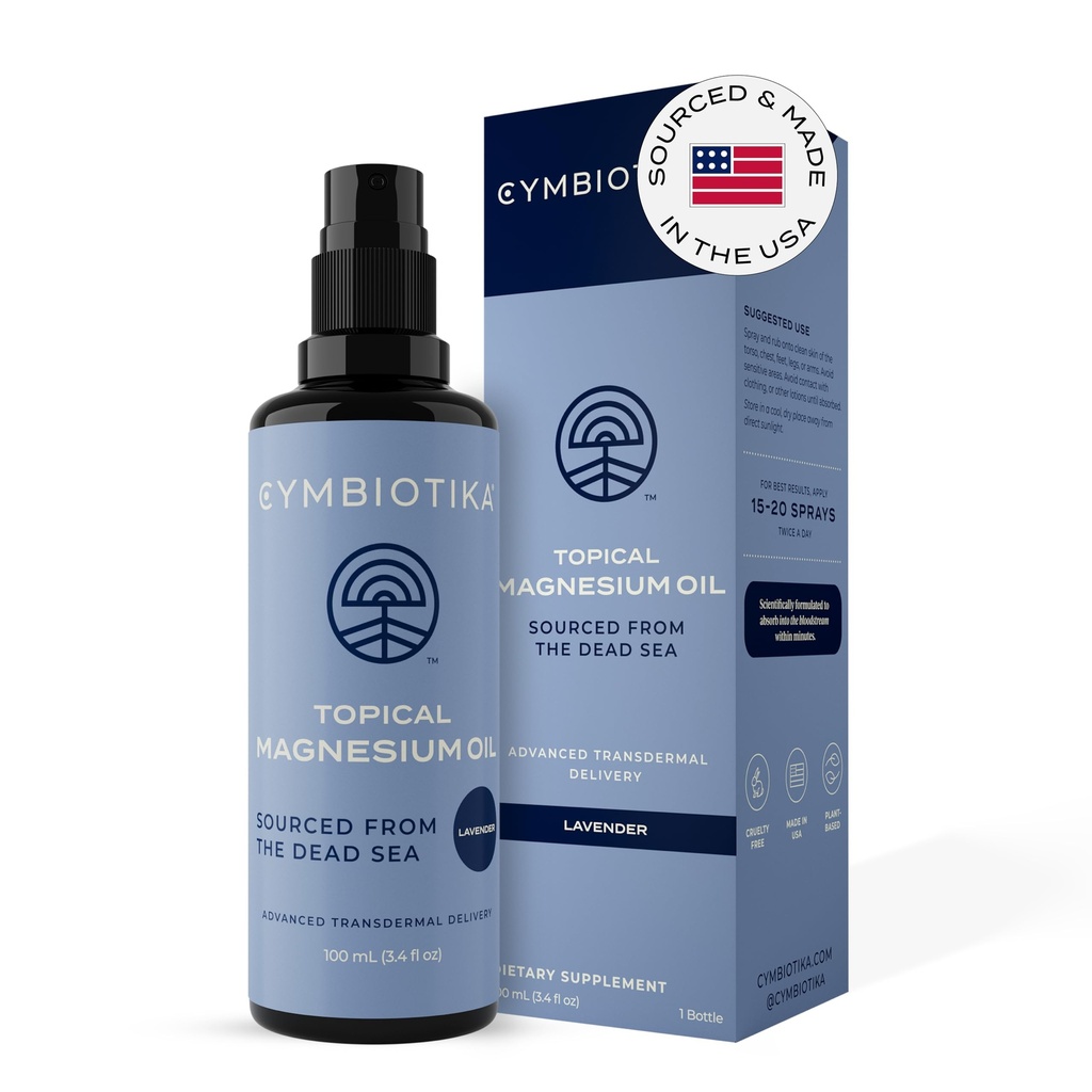 CYMBIOTIKA Spray d'huile de magnésium topique pour le corps, États-Unis Fabriqué, Supplément pour les crampes de jambes, Muscle, Joint Health & Sleep Support, Comprend le chlorure de magnésium, extrait de lavande, Aloe Vera - Skin Applicator