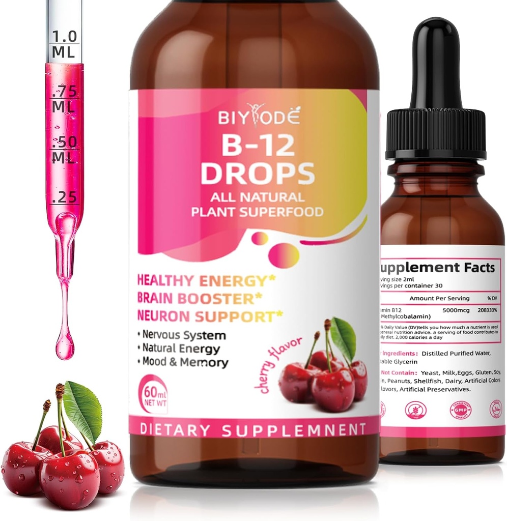 Vitamin B12 5000 mcg Flüssigkeitstropfen Alle natürlichen Pflanzen Superfood Gesunde Energie Gehirn Booster Neuron Unterstützung Nervous System Natürliche Energie Stimmung Speicher 60ml Netz Wt Kirsche Flavor